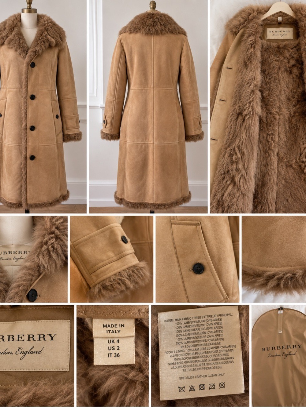 Burberry London Camel Lamb Shearling Long Coat US 2 Made in Italy - Picture 6 of 16